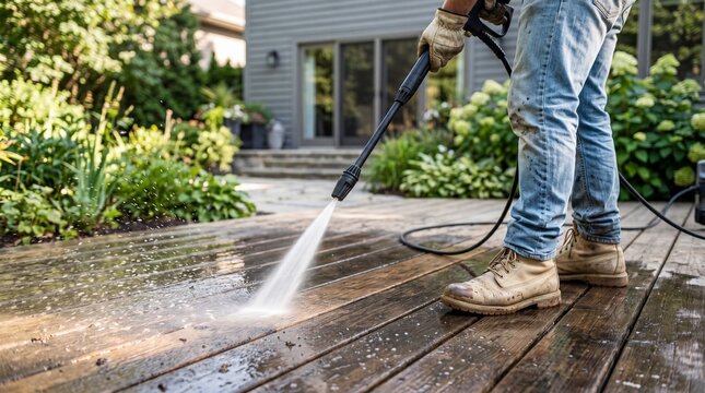 Close-up of a worker cleaning a wooden patio deck with high pressure water spray near a house garden. Home maintenance and exterior cleaning concept.