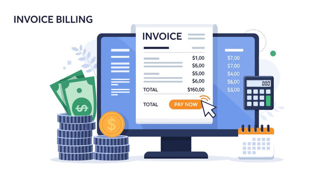An invoice billing process on a computer screen displays a digital payment transaction with a calculator and stacks of coins and bills nearby.