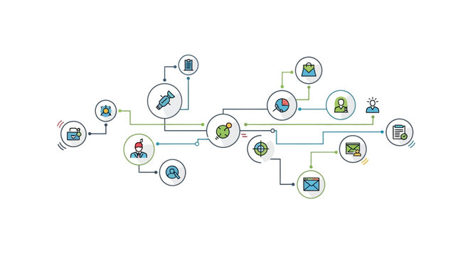 A complex infographic illustrating business processes and communication networks with various icons.