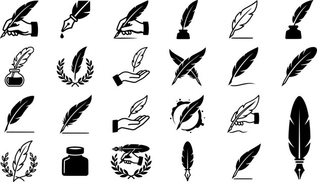 Quill Pen and Ink Writing Icon Set with Feather Pens, Calligraphy Nibs, Ink Bottles, Handwriting Symbols and Author Emblems Isolated on White Background