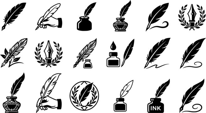 Quill Pen and Ink Writing Icon Set with Feather Pens, Calligraphy Nibs, Ink Bottles, Handwriting Symbols and Author Emblems Isolated on White Background