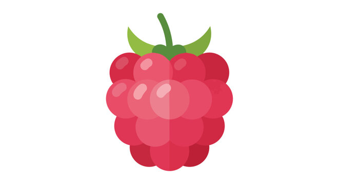 Simple flat design illustration of a ripe pink raspberry with a green stem and leaves isolated on white