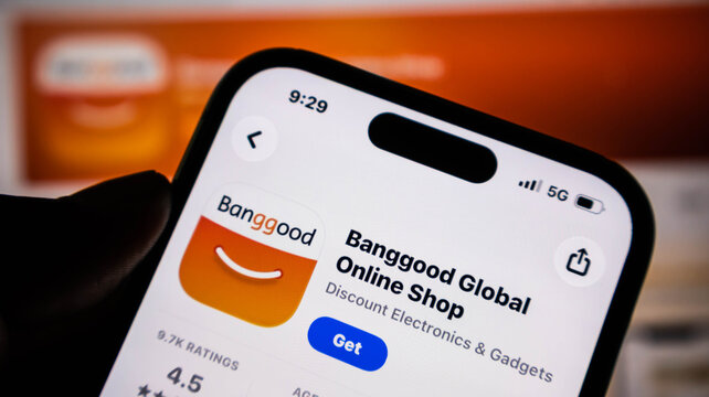 Closeup of a smartphone screen displaying the banggood global online shop app store page, showing the logo, rating, and download button