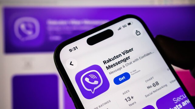 Closeup of a smartphone screen displaying the rakuten viber messenger app page on the apple app store