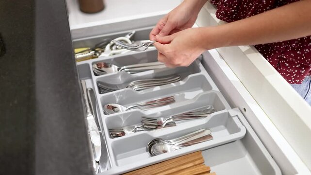 Person Organizing Stainless Steel Silverware in a Kitchen Cutlery Drawer
