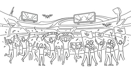 Obraz premium Happy sports fans cheering and celebrating victory in a stadium.