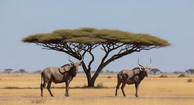 Two eland antelopes standing under a lone acacia tree in the savanna
