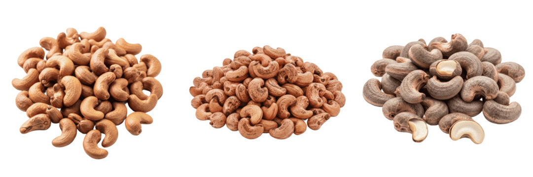 Set and collection of large pile of raw whole unpeeled peanuts isolated on white background