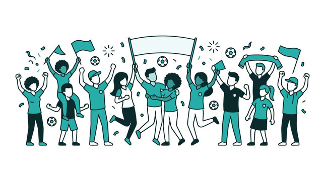Happy soccer fans cheering with flags and banners.