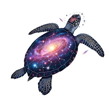 Majestic cosmic sea turtle with a swirling galaxy shell