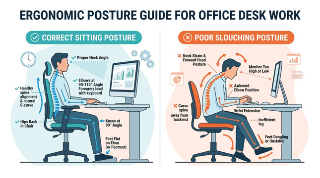 Ergonomic posture guide for office desk work, correct sitting posture versus poor slouching posture infographic, healthy spine alignment vector