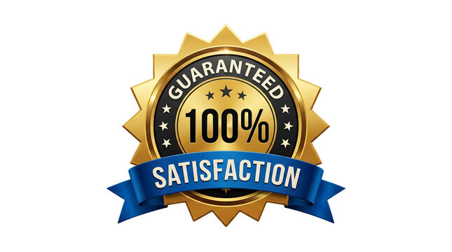 Golden starburst badge with blue ribbon proclaiming 100 guaranteed satisfaction and stars symbolizing trust and quality isolated on transparent background