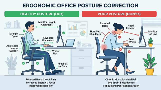 Ergonomic office posture correction infographic, healthy versus poor sitting positions, workplace wellness guide with back pain prevention tips