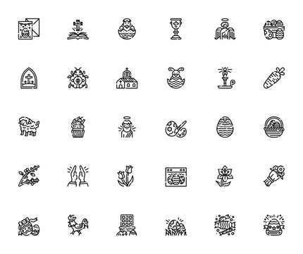 Easter icon set. Religious and spring vector icons. Featuring bible, chick, goblet, angel, cross, ladybug, church, bunny, candle, carrot, lamb, cupcake, Jesus, paint, egg, basket, branch, prayer, tuli