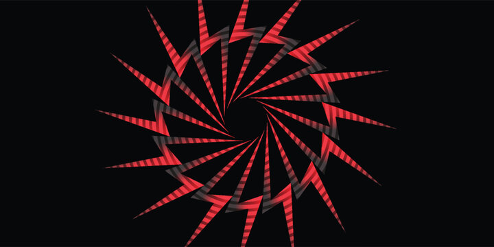 Abstract red lightning bolt sunburst design with striped texture on a black background. Sharp geometric circular pattern for modern edgy graphics and digital art.