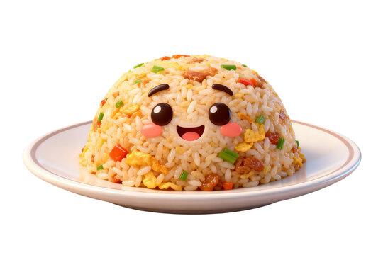 A smiling mound of rice with vegetables on a plate indoors
