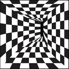 Obraz premium 3D checkered optical illusion tunnel background, black and white checkered perspective vector pattern