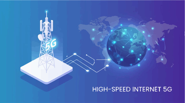 5G cell tower connected to glowing global network