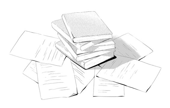 Hand-drawn illustration of stacked books and scattered documents, monochrome line art / 手描きの積み重なった本と散らばった書類のイラスト モノクロ 線画