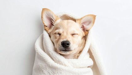 Obraz premium A sleepy dog wrapped in a burrito blanket (puppy burrito) with only nose and ears showing, plain white background, soft even light, top-down view, cream color