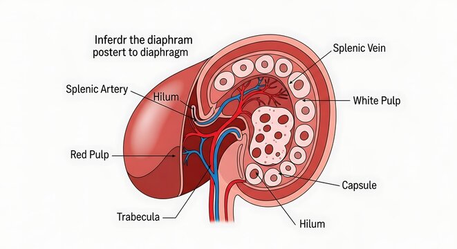 Anatomy of human spleen labeled diagram.