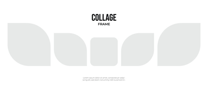 Photo collage template with panoramic layout, minimalist curved geometric picture frames for presentation, blank leaf shape mood board design on white background, website banner vector