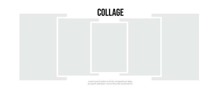 Photo collage template with panoramic layout, minimalist overlapping rectangle picture frames for presentation, blank multi square mood board design on white background, banner vector layout