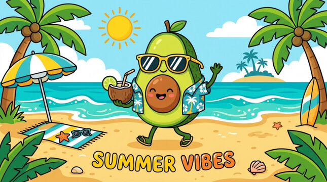 Cute avocado character with sunglasses and cocktail on a tropical beach representing summer vacation and healthy lifestyle cartoon vector illustration