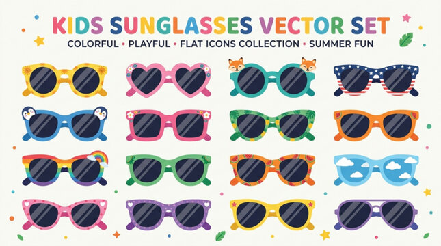 Colorful kids sunglasses vector set playful flat icons collection for summer fun and childrens fashion isolated on white background