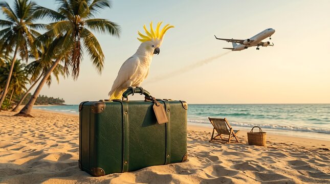 Exotic travel concept with parrot on suitcase at beach