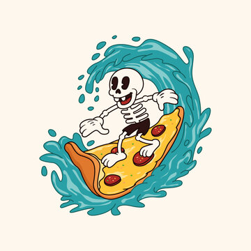 Funny Skeleton Surfing on Pizza Slice Cartoon Vector Illustration Surf Humor Design