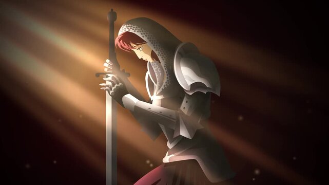 joan of arc kneeling in armor praying by light