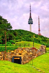 Fototapeta premium Communication towers on Namsan Mountain in central Seoul, South Korea