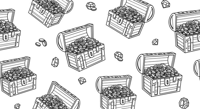 Seamless pattern of open treasure chests filled with gold coins and jewels in a hand drawn sketch style