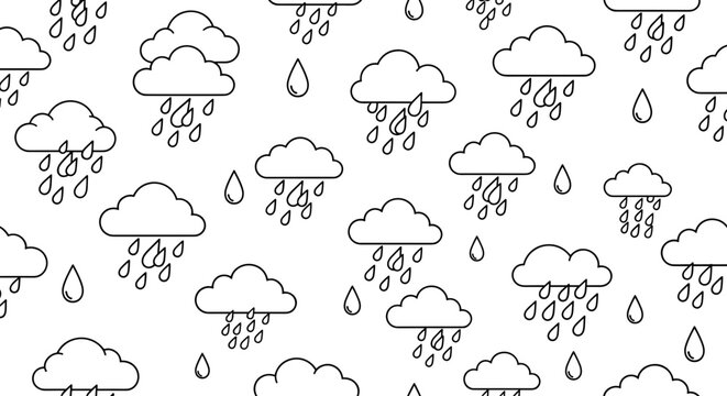 Seamless pattern of cartoon clouds raining water drops on white background simple line art