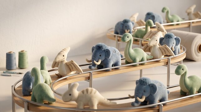 Cute handmade plush dinosaurs and mammoths on wooden track