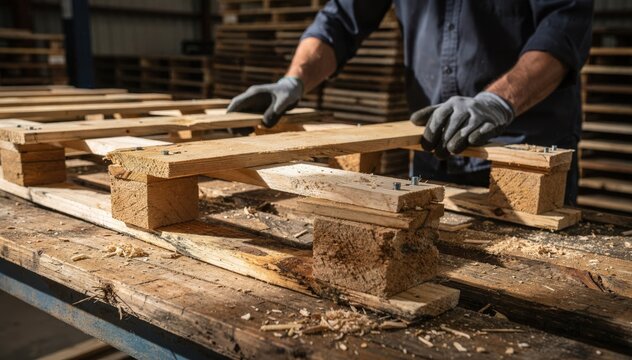 Medium shot of a worker assembling robust heavyduty wooden pallets focusing on sturdy blocks and stringers designed to support industrial transport loads.