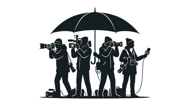 Silhouette of journalists with cameras and microphones under umbrella.