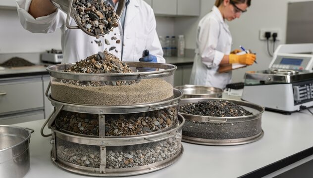 Aggregate gradation analysis during asphalt mix design showcasing granular size distribution and sieving processes performed by lab technicians in a quality control environment.