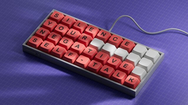 Silence your negative self-talk symbol. Concept words Silence your negative self-talk on Computer keyboard keys.Psychology concept.3D rendering