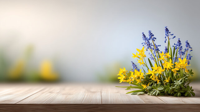 May Day celebration with vibrant yellow and blue flowers on wooden table