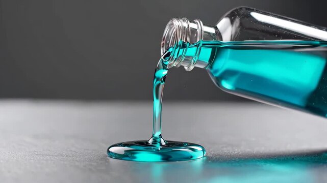 Glass bottle blue liquid dripping picture poured blue liquid