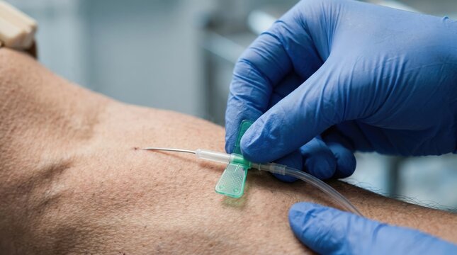 Medical professional performing venipuncture with a butterfly needle on a patient arm for blood collection or intravenous therapy in a clinical setting