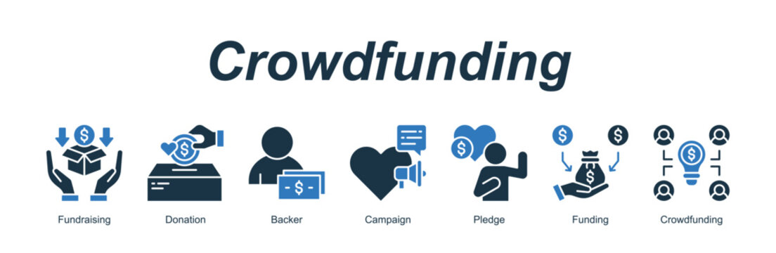 Crowdfunding web banner icon concept for with icon of Fundraising, Donation, Backer, Campaign, Pledge, Funding, Crowdfunding.