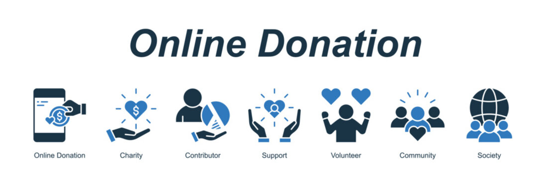 Online Donation web banner icon concept for with icon of Online Donation, Charity, Contributor, Support, Volunteer, Community, Society.
