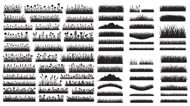 Collection of Grass and Floral Silhouette Brushes, Borders and Seamless Nature Vector Elements for Design