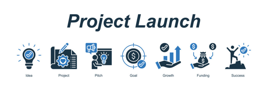 Project Launch web banner icon concept for with icon of Idea, Project, Pitch, Goal, Growth, Funding, Success.