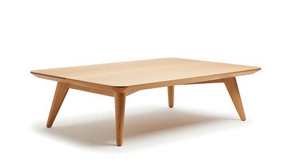 Fototapeta premium A wooden coffee table with tapered legs sits on a white background indoors.