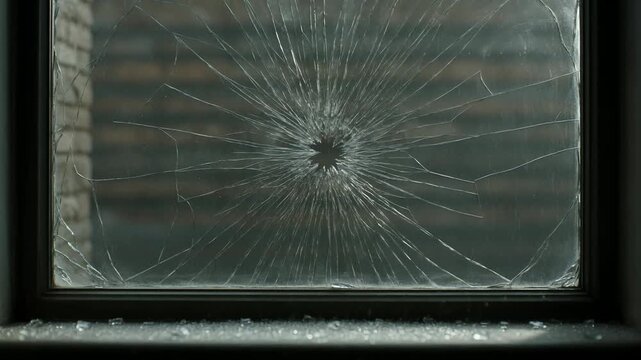 Shattered window pane with radial cracks and glass shards on a windowsill, cinematic footage depicting destruction and dramatic impact.