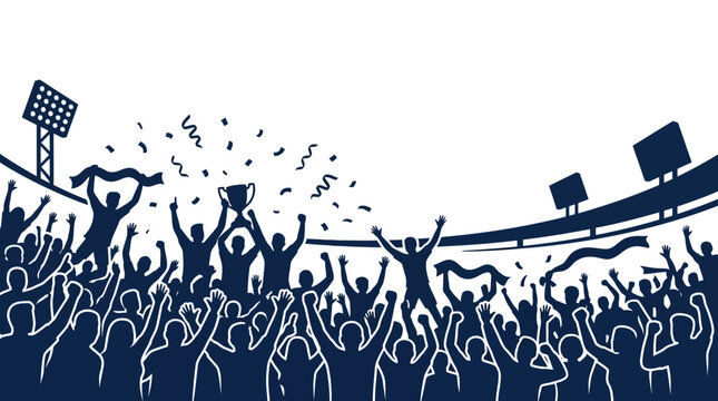 Silhouette illustration of a cheering crowd celebrating a victory in a stadium.
